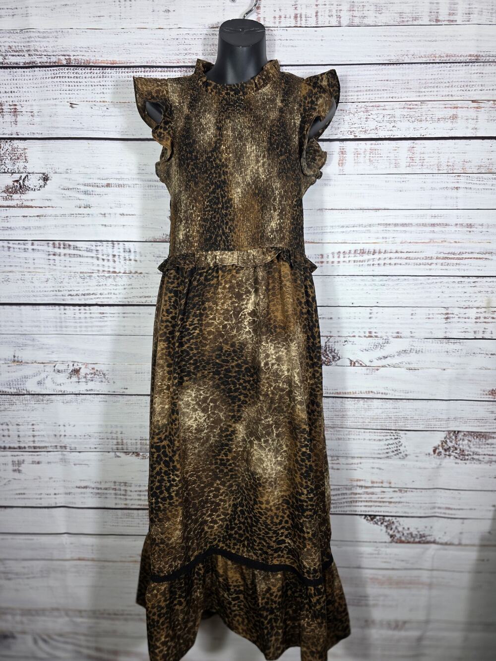 Moodie Zebra Print Metallic Gold Black Tiered Midi Dress Ruffle Size Small